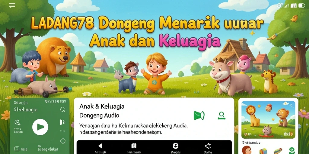 Antarmuka aplikasi LADANG78 dengan banyak pilihan dongeng audio untuk anak.